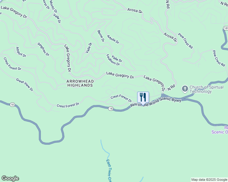 map of restaurants, bars, coffee shops, grocery stores, and more near 24990 Scenic View Drive in Crestline