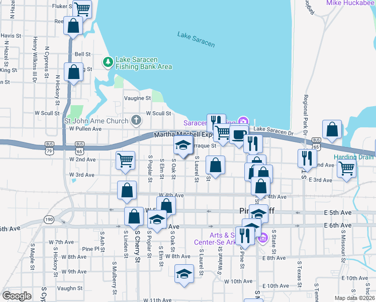 map of restaurants, bars, coffee shops, grocery stores, and more near 708 West 2nd Avenue in Pine Bluff