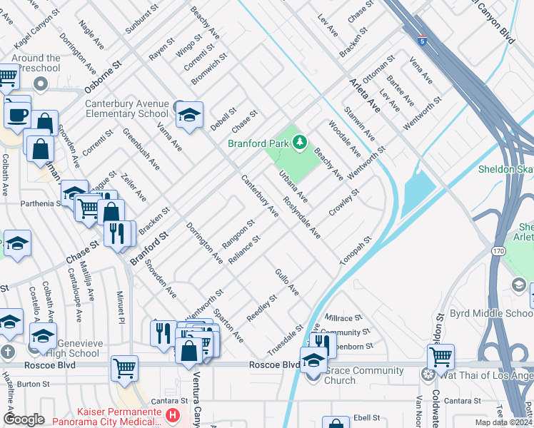 map of restaurants, bars, coffee shops, grocery stores, and more near 13386 Rangoon Street in Los Angeles