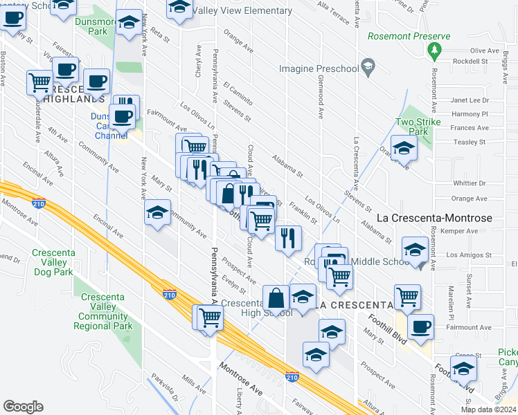 map of restaurants, bars, coffee shops, grocery stores, and more near 3055 Foothill Boulevard in La Crescenta-Montrose