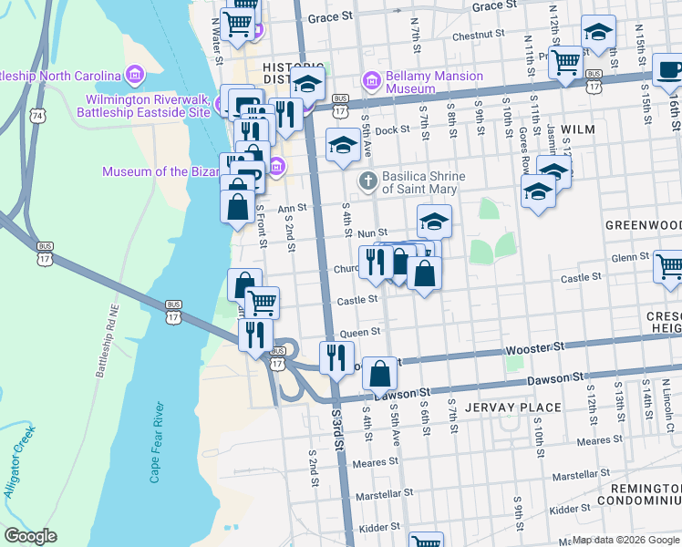 map of restaurants, bars, coffee shops, grocery stores, and more near 309 Castle Street in Wilmington