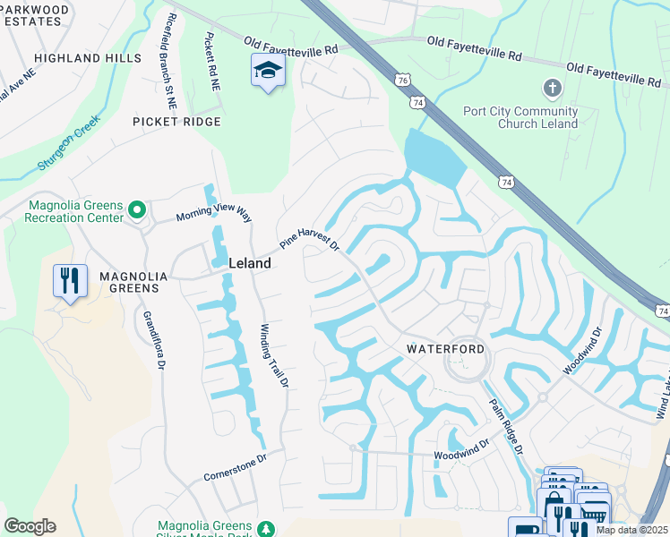map of restaurants, bars, coffee shops, grocery stores, and more near 2039 Ashbrook Court in Leland