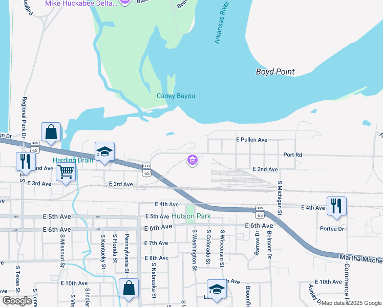 map of restaurants, bars, coffee shops, grocery stores, and more near 1720 Port Road in Pine Bluff