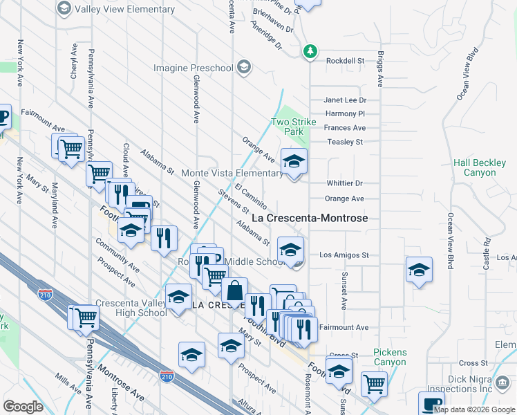 map of restaurants, bars, coffee shops, grocery stores, and more near 2711 Stevens Street in La Crescenta-Montrose
