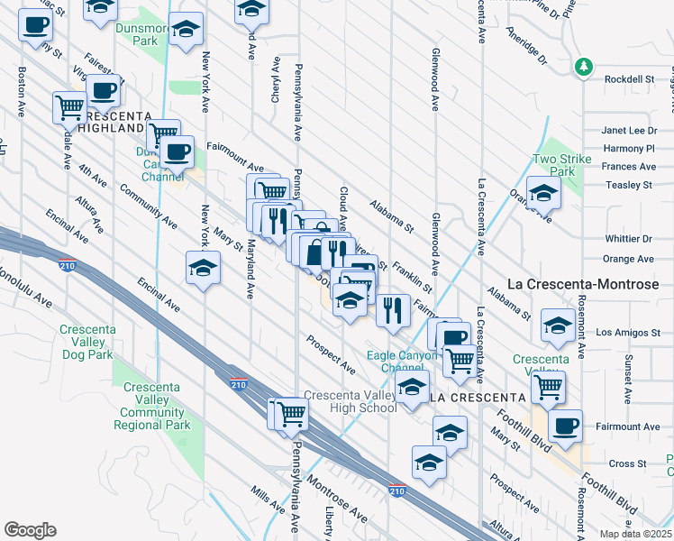 map of restaurants, bars, coffee shops, grocery stores, and more near 3075 Foothill Boulevard in La Crescenta-Montrose