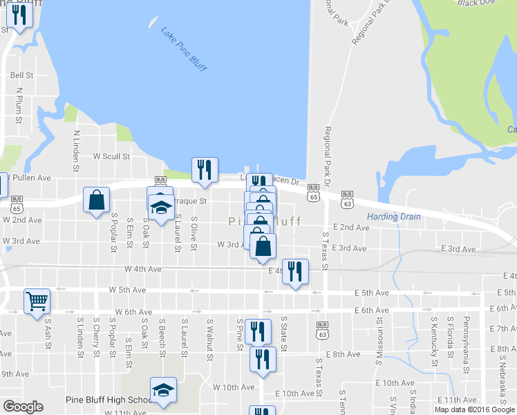 map of restaurants, bars, coffee shops, grocery stores, and more near 100 South Main Street in Pine Bluff