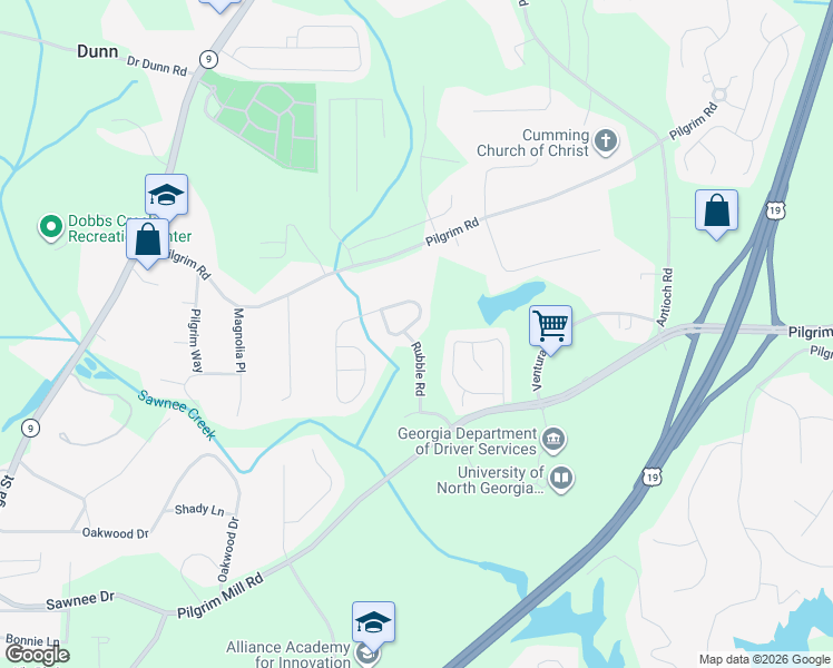map of restaurants, bars, coffee shops, grocery stores, and more near 1252 Rubble Road in Cumming