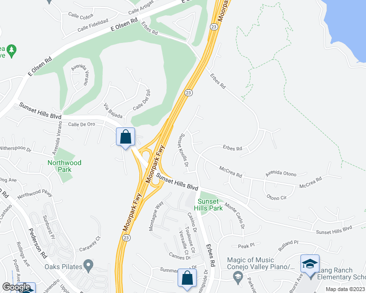 map of restaurants, bars, coffee shops, grocery stores, and more near 3682 Sunset Knolls Drive in Thousand Oaks