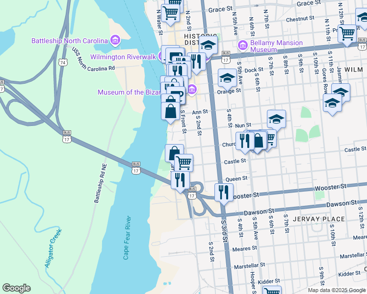 map of restaurants, bars, coffee shops, grocery stores, and more near 422 South Front Street in Wilmington