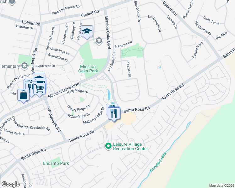 map of restaurants, bars, coffee shops, grocery stores, and more near 1133 Old Ranch Road in Camarillo