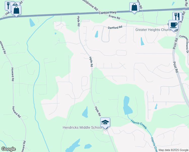 map of restaurants, bars, coffee shops, grocery stores, and more near 4685 Columbia Street in Cumming