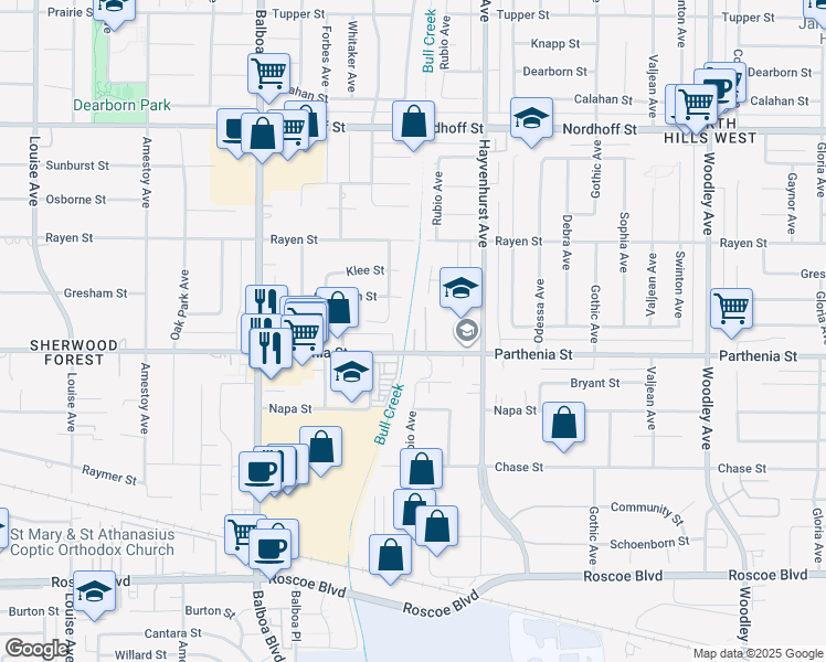 map of restaurants, bars, coffee shops, grocery stores, and more near 16731 Parthenia Street in Los Angeles