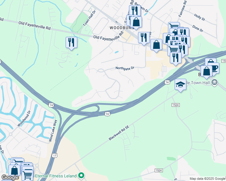 map of restaurants, bars, coffee shops, grocery stores, and more near 2320 Curran Court in Leland