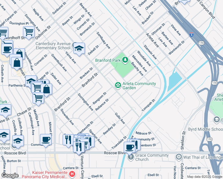 map of restaurants, bars, coffee shops, grocery stores, and more near 13386 Rangoon Street in Los Angeles