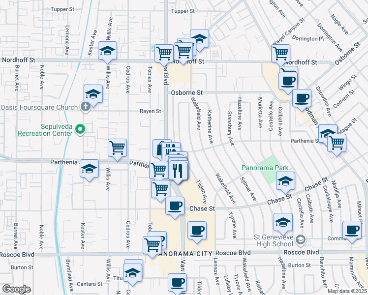 map of restaurants, bars, coffee shops, grocery stores, and more near 8766 Tilden Avenue in Los Angeles
