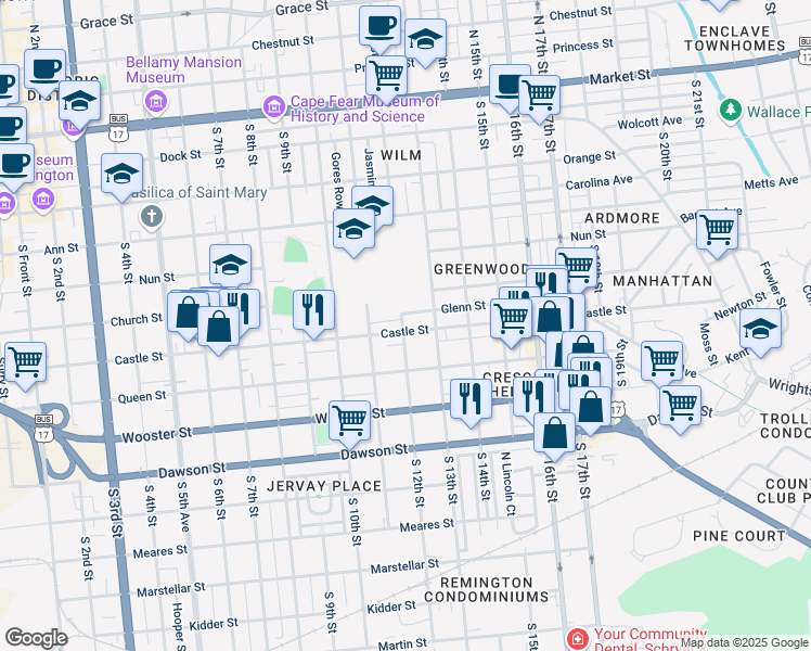 map of restaurants, bars, coffee shops, grocery stores, and more near 608 South 13th Street in Wilmington