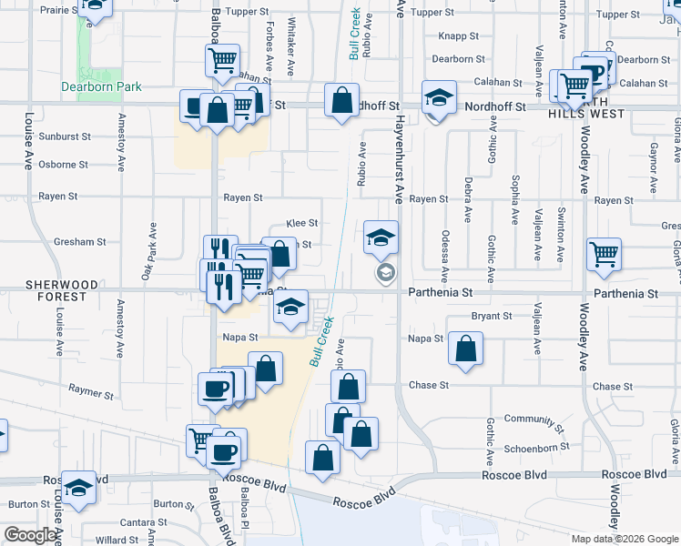 map of restaurants, bars, coffee shops, grocery stores, and more near 16731 Parthenia Street in Los Angeles