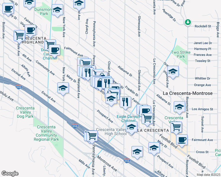 map of restaurants, bars, coffee shops, grocery stores, and more near 3075 Foothill Boulevard in La Crescenta-Montrose