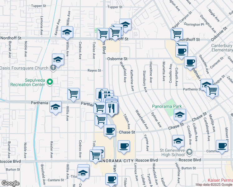 map of restaurants, bars, coffee shops, grocery stores, and more near 8747 Tilden Avenue in Los Angeles