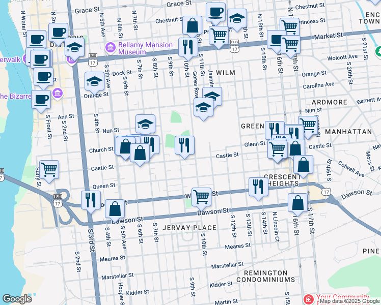 map of restaurants, bars, coffee shops, grocery stores, and more near 902 Castle Street in Wilmington
