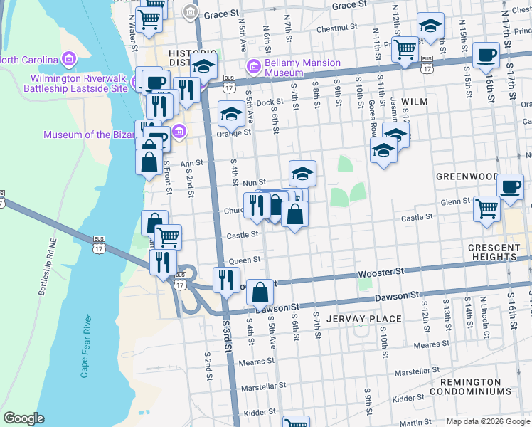 map of restaurants, bars, coffee shops, grocery stores, and more near 411 Castle Street in Wilmington