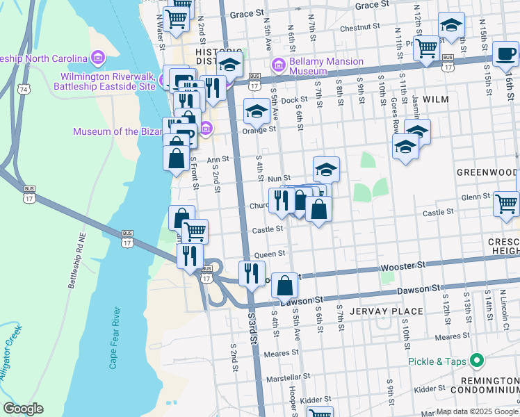 map of restaurants, bars, coffee shops, grocery stores, and more near 309 Castle Street in Wilmington