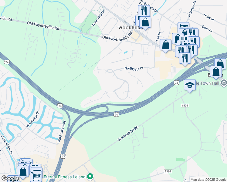 map of restaurants, bars, coffee shops, grocery stores, and more near 2153 Willows Creek Lane in Leland