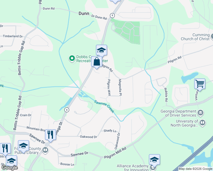 map of restaurants, bars, coffee shops, grocery stores, and more near 1580 Pilgrim Way in Cumming