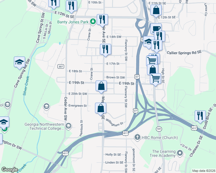 map of restaurants, bars, coffee shops, grocery stores, and more near 1915 Maple Avenue Southeast in Rome