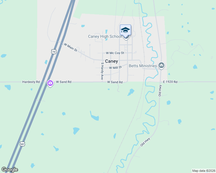 map of restaurants, bars, coffee shops, grocery stores, and more near 214 West Sand Road in Caney