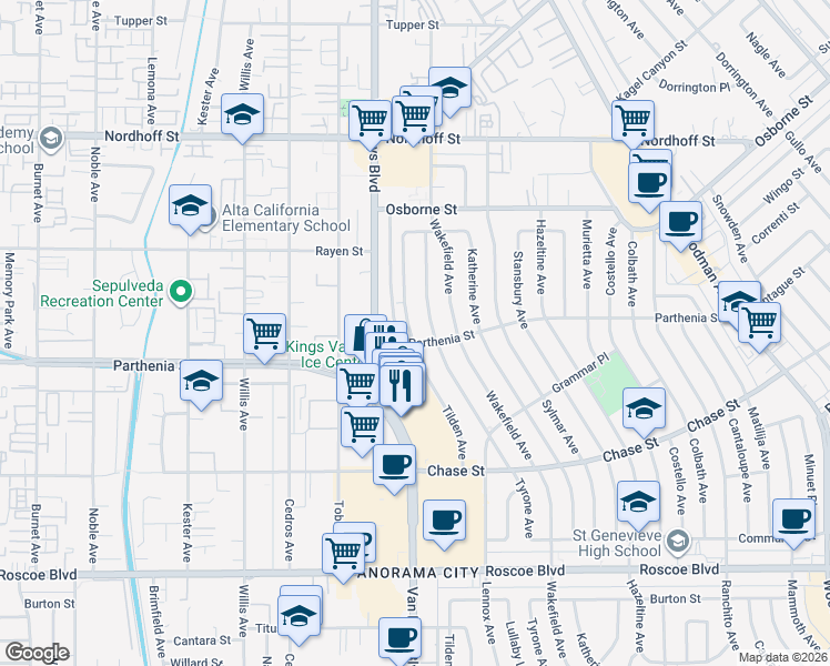 map of restaurants, bars, coffee shops, grocery stores, and more near 8766 Tilden Avenue in Los Angeles