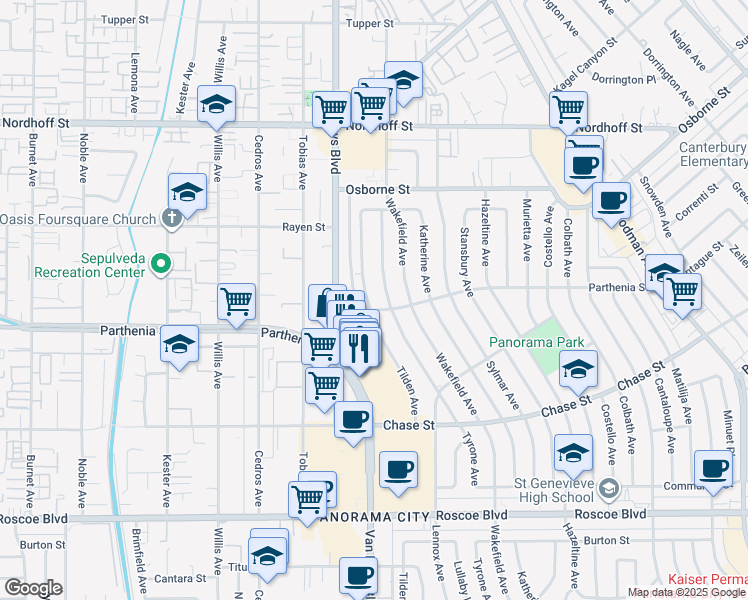 map of restaurants, bars, coffee shops, grocery stores, and more near 8766 Tilden Avenue in Los Angeles