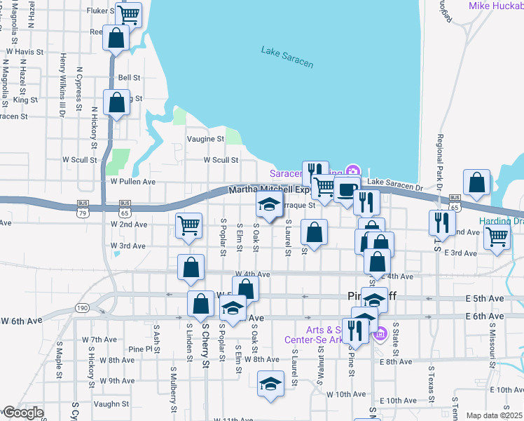map of restaurants, bars, coffee shops, grocery stores, and more near 716 West Barraque Street in Pine Bluff