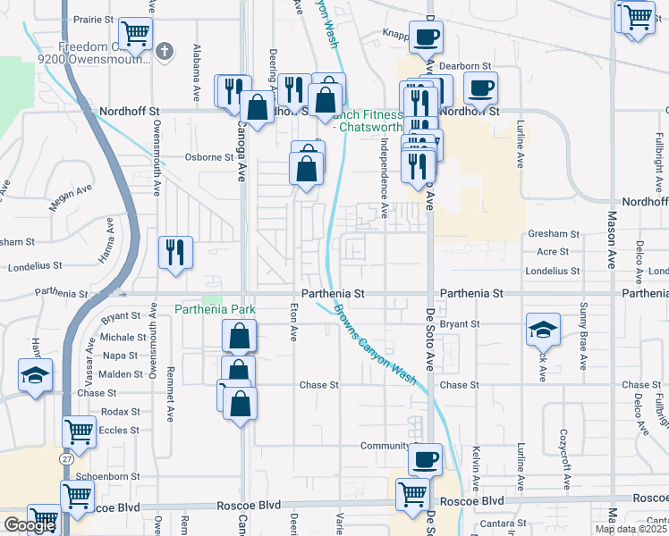 map of restaurants, bars, coffee shops, grocery stores, and more near 8735 Variel Avenue in Los Angeles