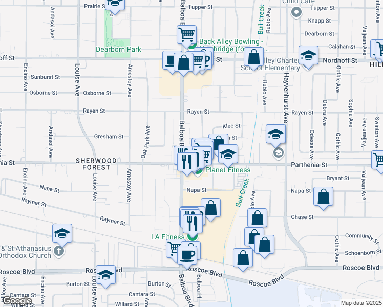 map of restaurants, bars, coffee shops, grocery stores, and more near 8720 Balboa Blvd in Northridge