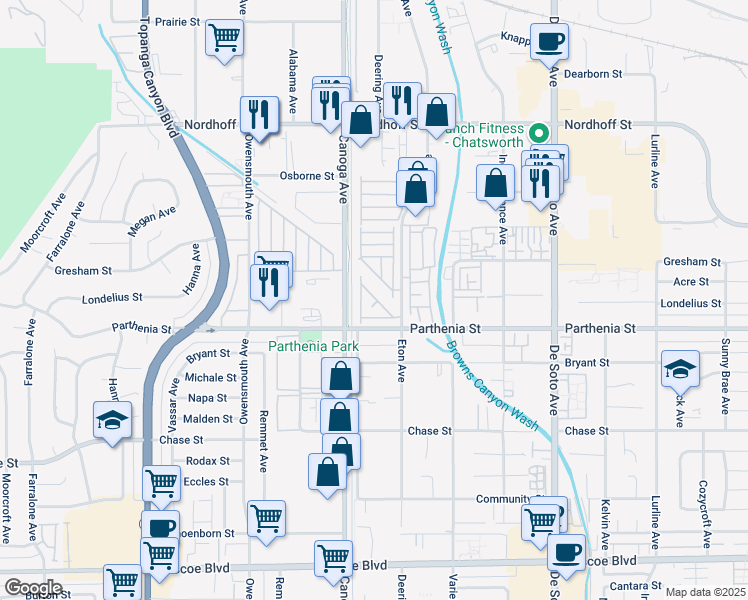 map of restaurants, bars, coffee shops, grocery stores, and more near 8801 Eton Avenue in Los Angeles