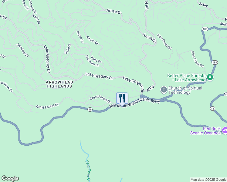 map of restaurants, bars, coffee shops, grocery stores, and more near 25108 Grandview Drive in Crestline