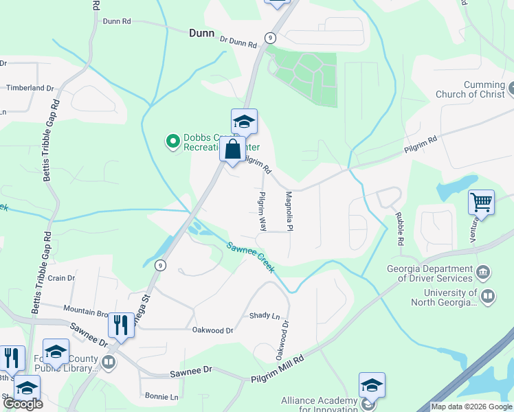 map of restaurants, bars, coffee shops, grocery stores, and more near 1580 Pilgrim Way in Cumming