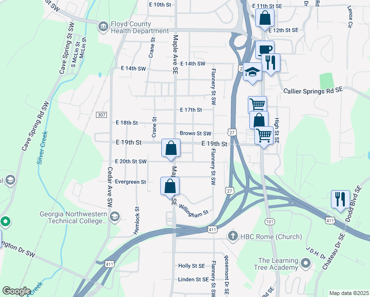 map of restaurants, bars, coffee shops, grocery stores, and more near 1915 Maple Avenue Southeast in Rome