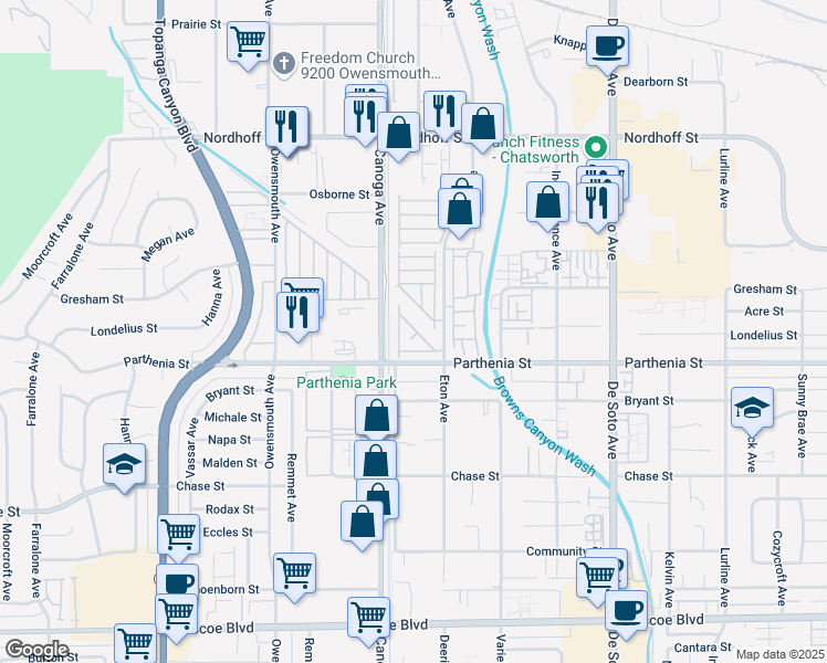 map of restaurants, bars, coffee shops, grocery stores, and more near 8801 Eton Avenue in Los Angeles