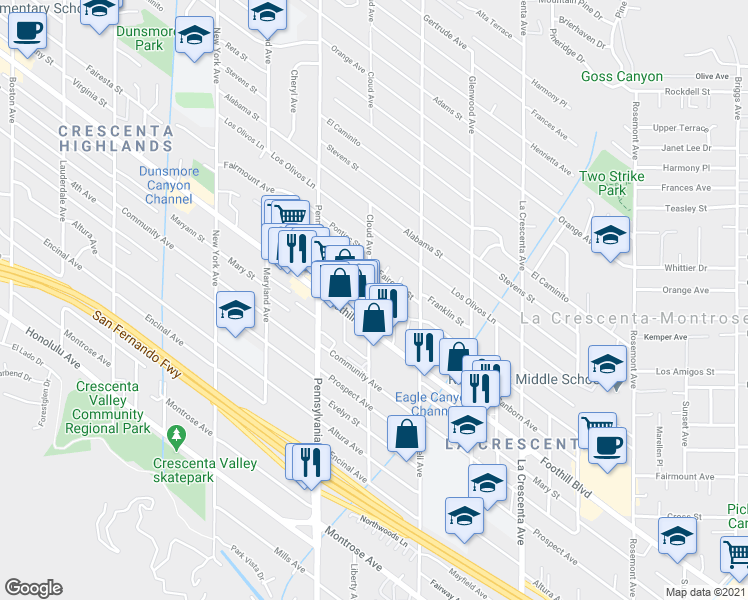 map of restaurants, bars, coffee shops, grocery stores, and more near 3075 Foothill Boulevard in La Crescenta-Montrose