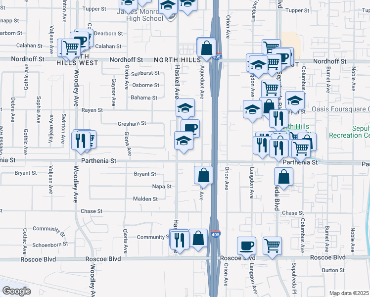 map of restaurants, bars, coffee shops, grocery stores, and more near 15725 Parthenia Street in Los Angeles