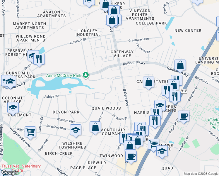map of restaurants, bars, coffee shops, grocery stores, and more near 400 Mill Creek Court in Wilmington