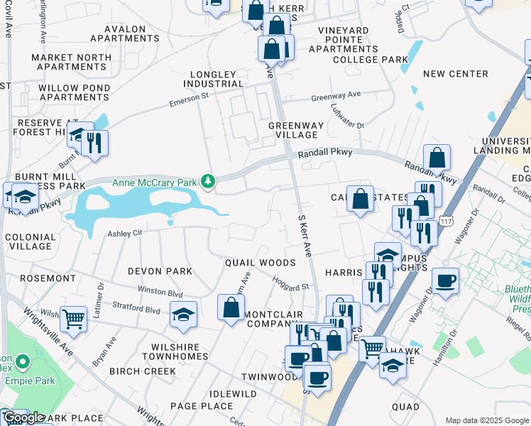 map of restaurants, bars, coffee shops, grocery stores, and more near 400 Mill Creek Court in Wilmington