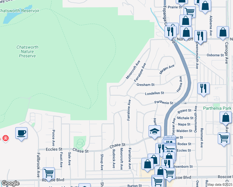 map of restaurants, bars, coffee shops, grocery stores, and more near 8728 Moorcroft Place in Los Angeles