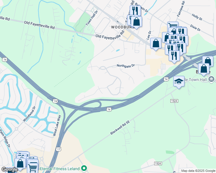 map of restaurants, bars, coffee shops, grocery stores, and more near 2224 Cottagefield Lane in Leland