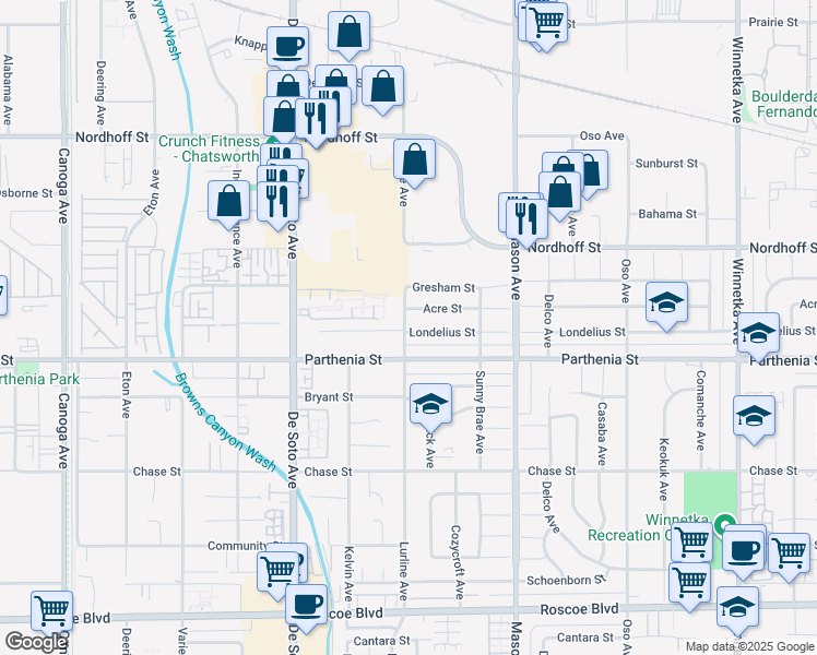 map of restaurants, bars, coffee shops, grocery stores, and more near 20656 Acre Street in Los Angeles