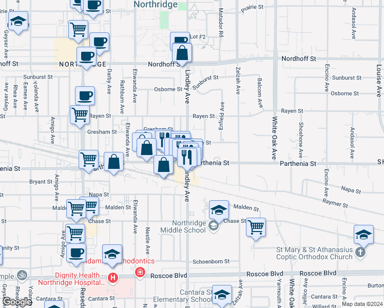 map of restaurants, bars, coffee shops, grocery stores, and more near 8700 Lindley Avenue in Los Angeles