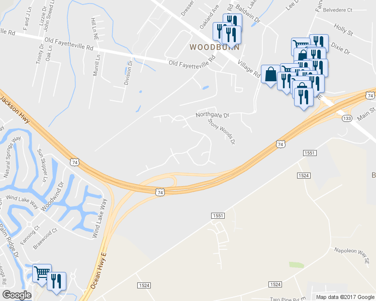 map of restaurants, bars, coffee shops, grocery stores, and more near 2293 Cottagefield Lane in Leland
