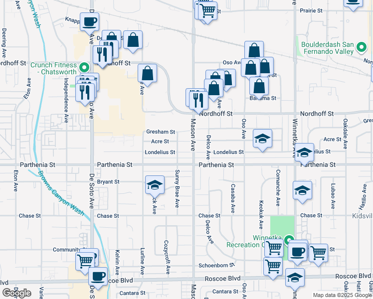 map of restaurants, bars, coffee shops, grocery stores, and more near 20533 Acre Street in Los Angeles